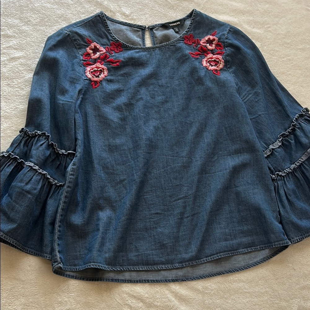 Embroidered Denim Top with Floral Accents